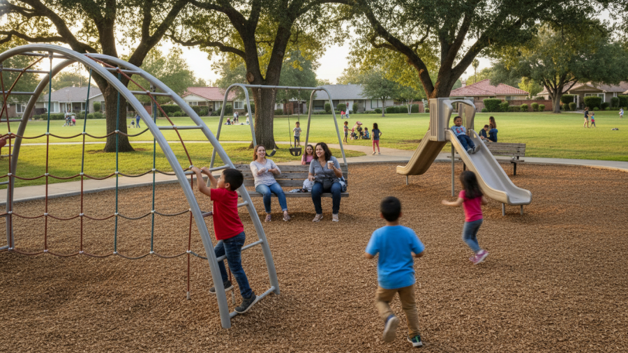 Children enjoying Oki Park Sacramento's dinosaur playground, a perfect family-friendly park.