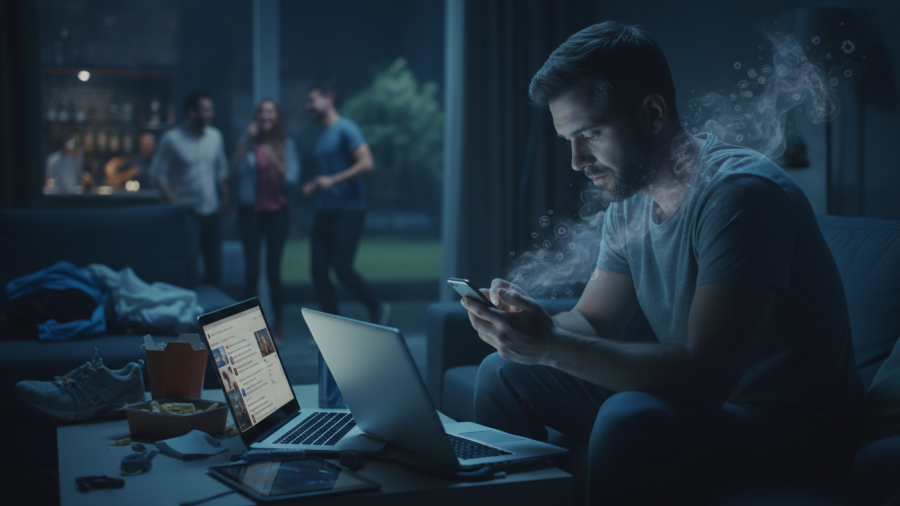 Male reflecting on modern habits disrupting emotional recovery and sleep quality.
