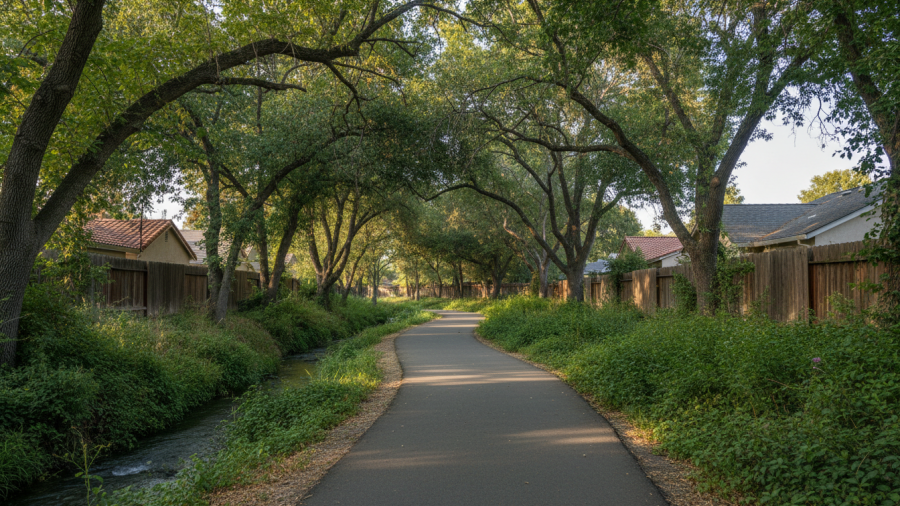 Serene creekside path at Arcade Creek Park Preserve, perfect for a short walk.