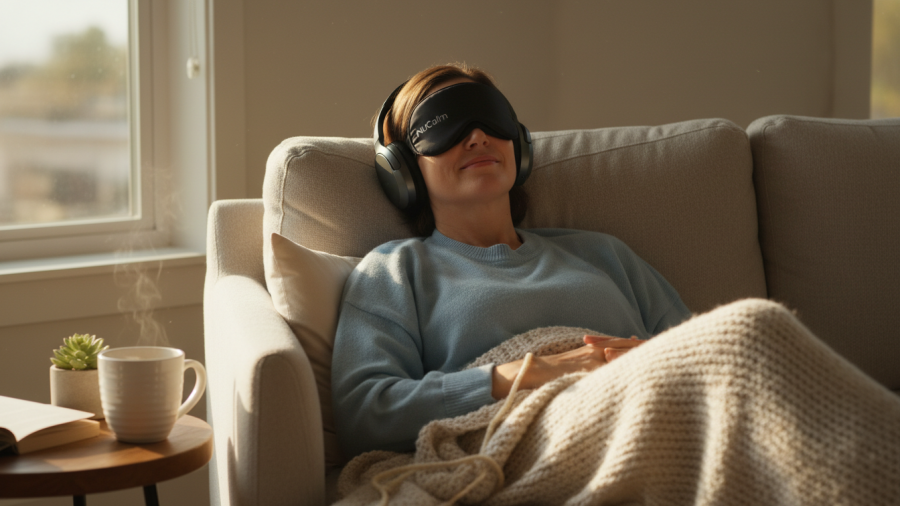 Cozy wellness at home with NuCalm eye mask, herbal tea, and soft sunlight.