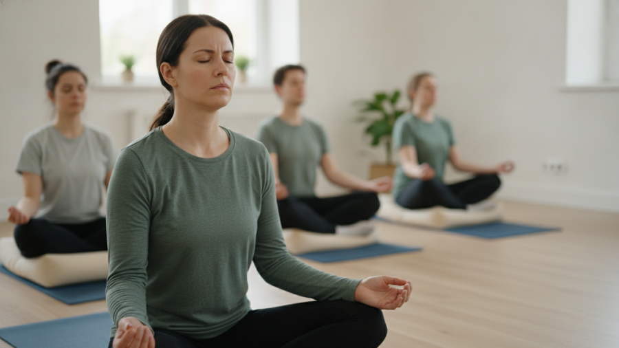 A woman seems uneasy during a mindfulness class, reflecting mindfulness and neurodiversity.