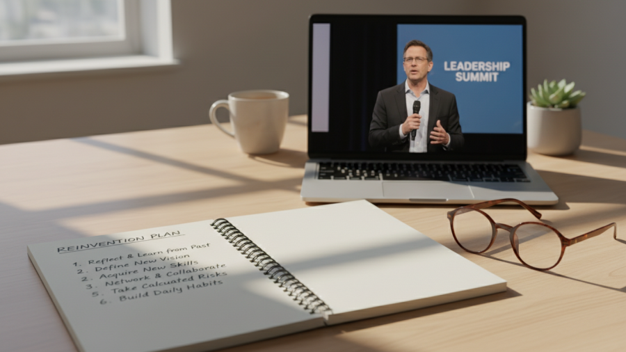 Organized desk with a 'Reinvention Plan' notebook and glasses, symbolizing clarity.