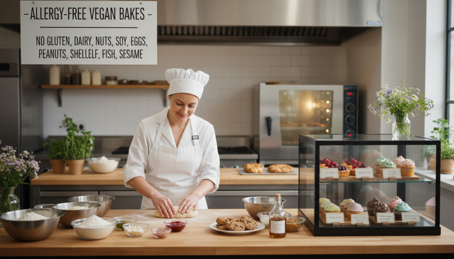 Baker making vegan allergy safe pastries with top 9 allergen-free ingredients.
