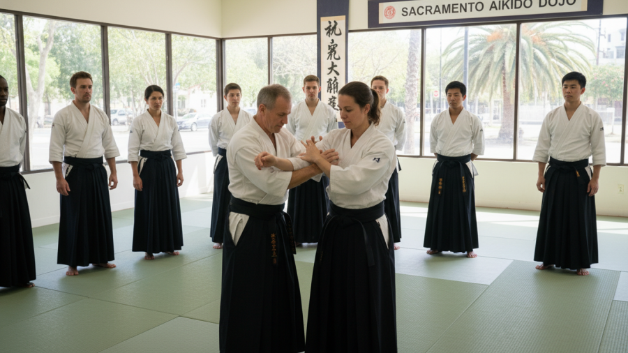 Sacramento aikido instructor teaching nonviolent self-defense to diverse students.