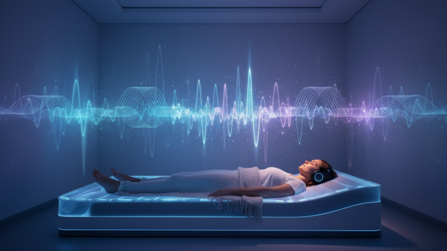 Person relaxing on a Welnamis bed with soothing LED sound wave patterns.