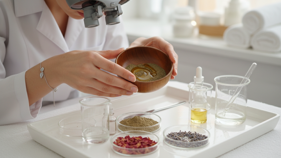 Esthetician analyzing natural skincare ingredients in a culturally inclusive spa treatment.