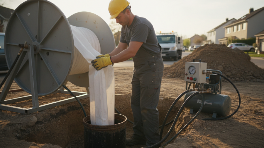 Technician uses cured in place pipe lining for trenchless sewer line replacement.