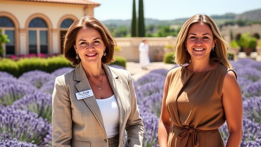 Confident women leaders on a terrace, embodying calm authority in a lavender field.