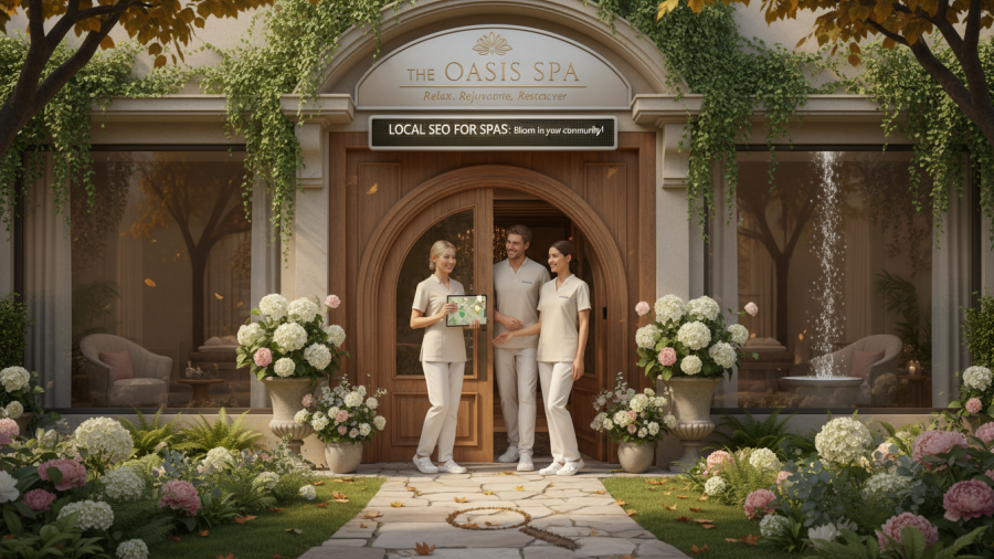Welcoming spa entrance with smiling staff and lush greenery, enhancing local SEO.