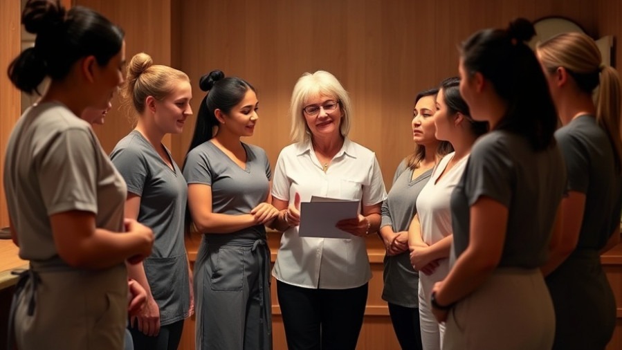 Spa owner discusses client engagement strategies with staff in warm, collaborative environment.