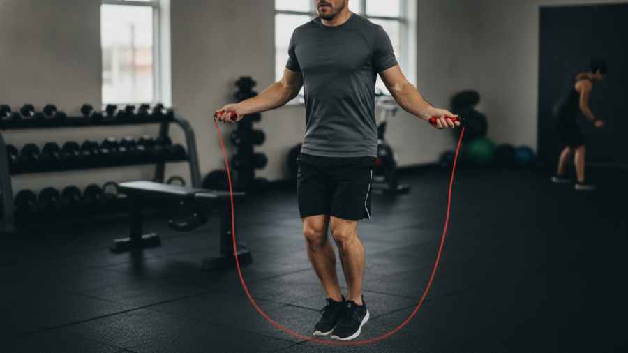 Athletic man training with a jump rope in a fitness studio, highlighting cardio effort.