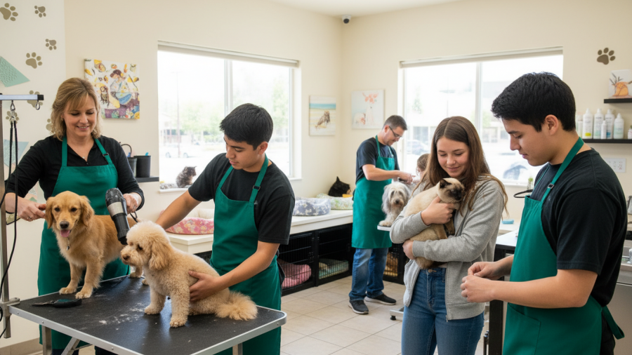 Sacramento pet spa team grooming and comforting client pets with care