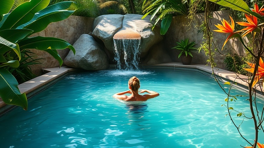 A guest relaxes in an Oasis Lagoon tub amidst lush tropical foliage.