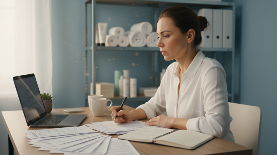 Spa manager reviewing client feedback to enhance spa customer experience.