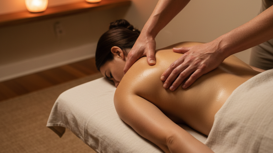 Massage therapist promoting wellness retreats and hormone health at CURE Wellness Center.