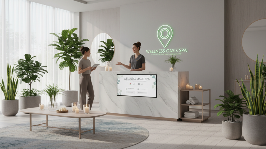 Modern spa reception with welcoming staff, perfect for local SEO for spas.