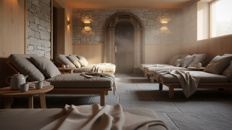 Relaxing lounge area at a Portland bathhouse, perfect for first-time visitors.