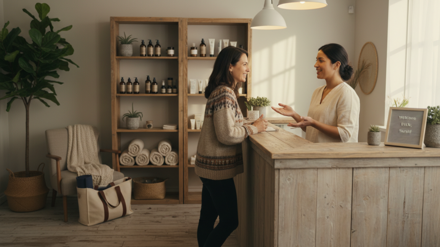 Casual interaction at a Bellevue day spa emphasizes personalized experience.
