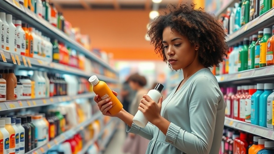Woman comparing wellness products in a beauty aisle focused on community engagement and accessible beauty.