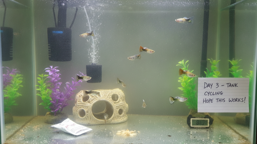 Guppies stressed from beginner aquarium mistakes during cycling phase.