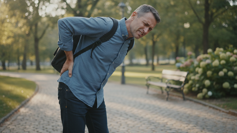Middle-aged man holding his back, illustrating back pain after 50.