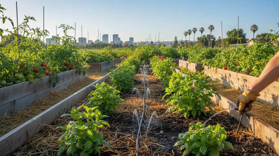 Smart gardening watering tips for Sacramento: efficient drip irrigation method.
