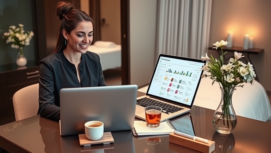 Modern spa manager at desk with email automation dashboard, blending tech and wellness.