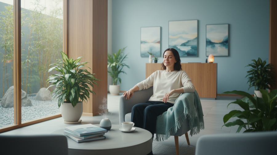 Relaxing lobby for first time red light therapy in Sacramento, calming atmosphere.