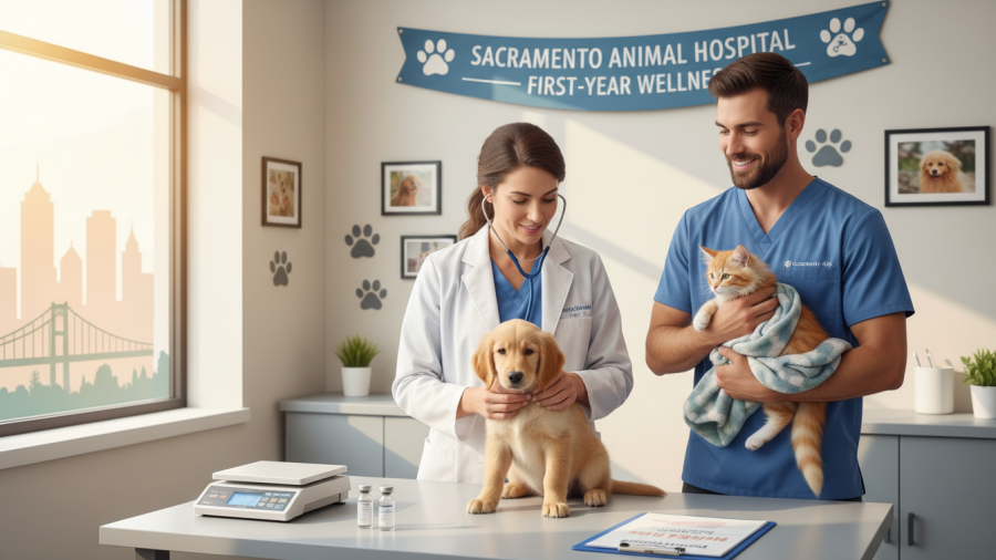 Veterinarian caring for Sacramento puppy and kitten during wellness check.