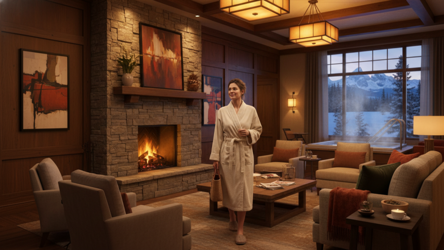 Relaxed woman entering a luxury lodge spa in Jackson WY for her first solo experience.