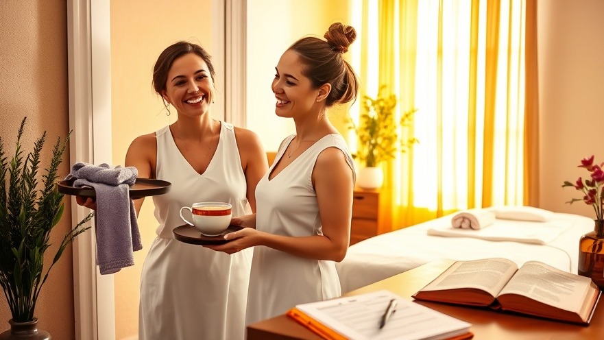 Spa therapist greets client with herbal tea, showcasing spa management fundamentals.