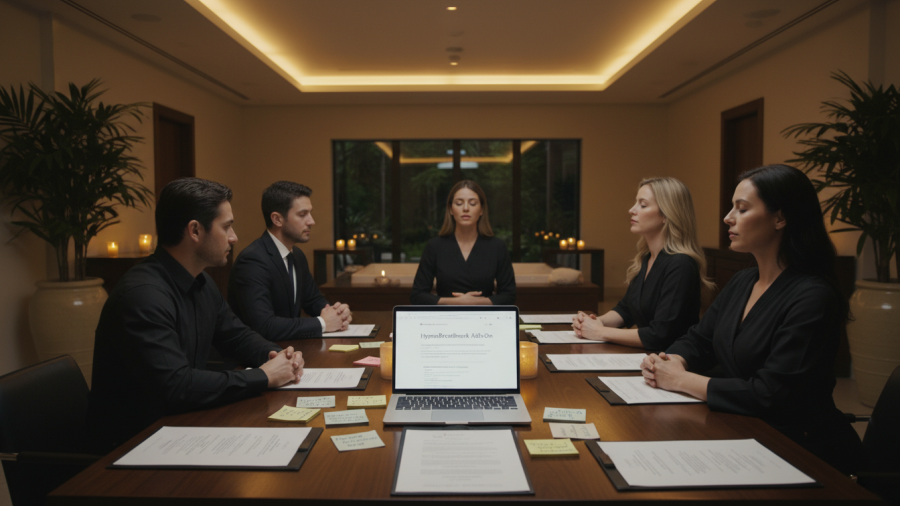 Spa team reviews HypnoBreathwork advantages; integrating breathwork for wellness.