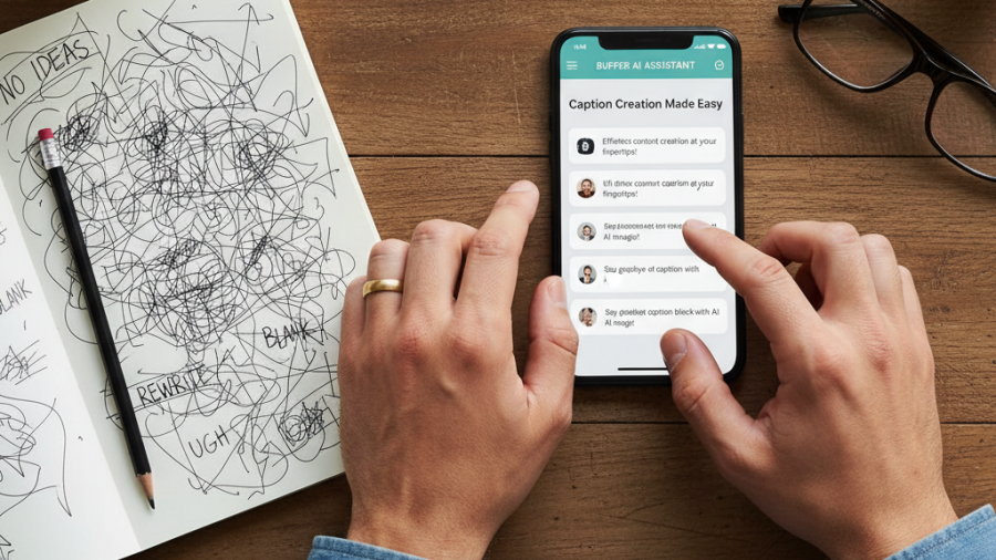 Smartphone showing Buffer's AI content creation tool for social media automation.