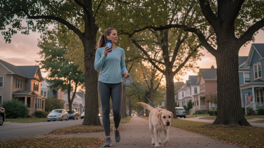 Woman with earbuds using voice assistant technology in a suburban neighborhood at dusk.