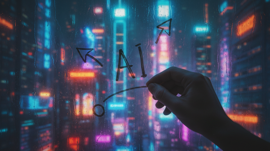 Hand-drawn AI flow arrows on fogged glass, symbolizing AI integration in business.
