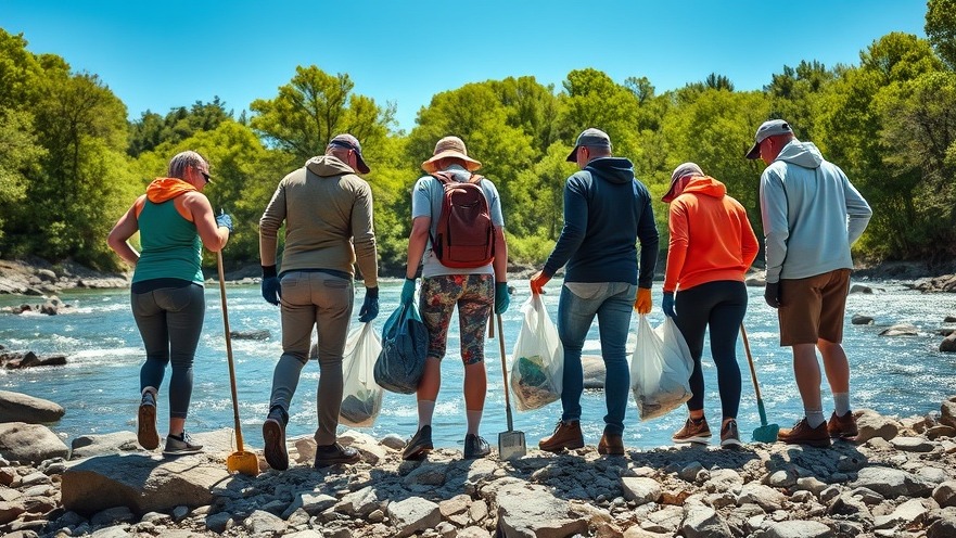 Teamwork in action: five people cleaning a riverbank, promoting environmental care.