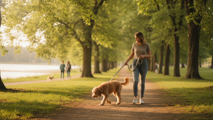 Improving dog walking behavior with positive reinforcement for a relaxed, loose leash.