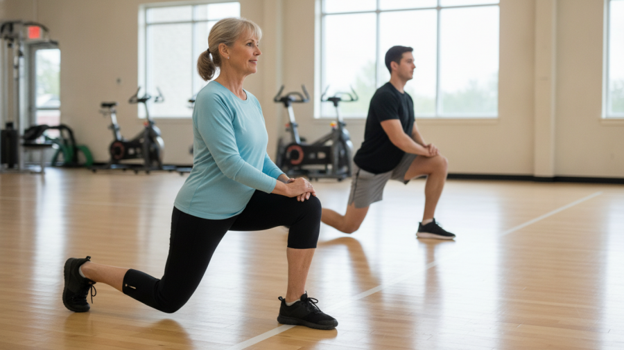 Woman performs controlled reverse lunges for knee health in a fitness center.