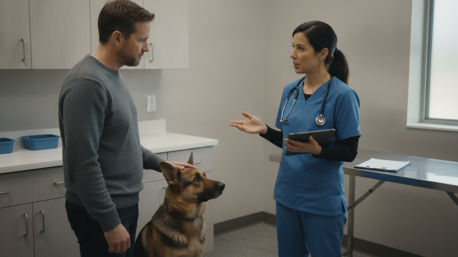 Veterinarian discussing dog lump health with attentive owner in exam room.