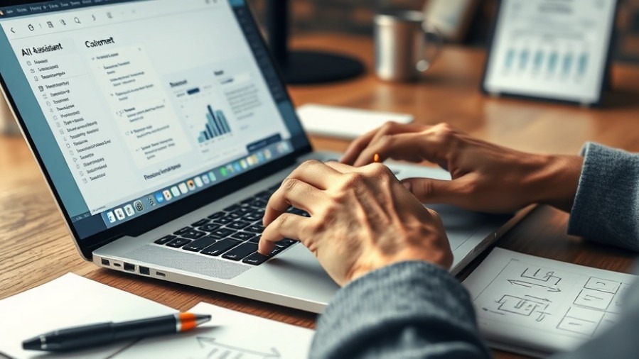 Hands typing on a laptop with AI-driven marketing tools, showcasing personalized content production.