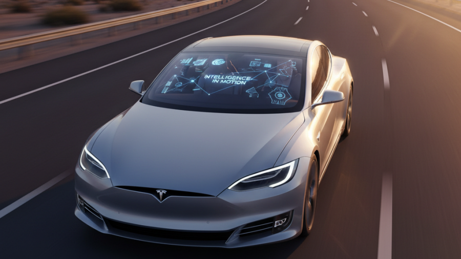 Tesla AI technology on a sunlit highway, symbolizing AI workforce automation and business transformation.