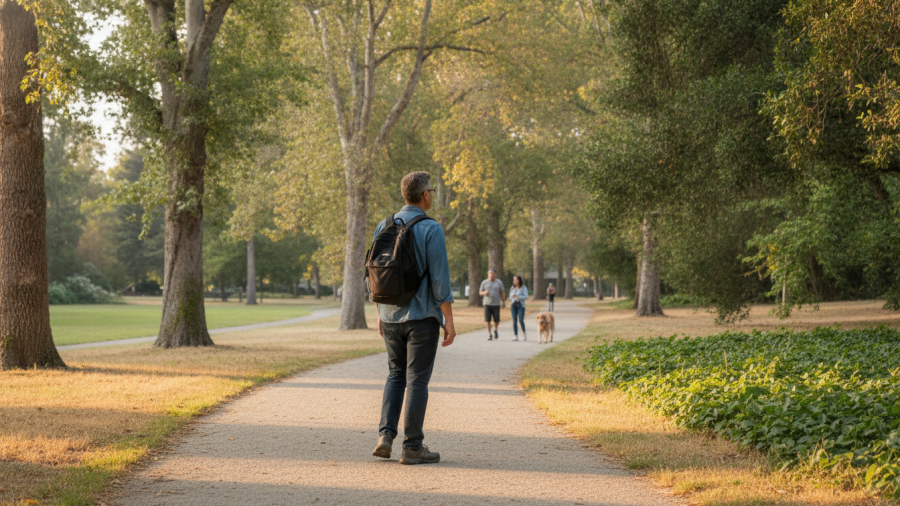 A person walking peacefully in a Sacramento park, reflecting on criticism.