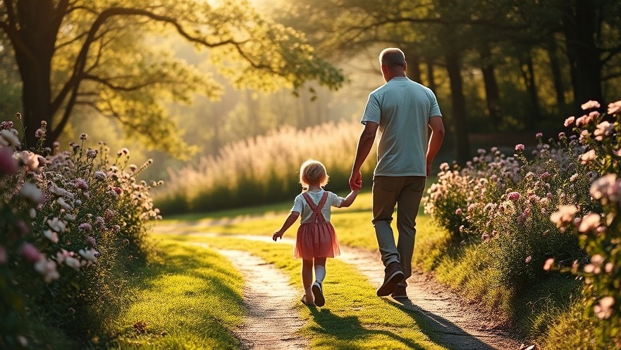 A parent and child enjoy scenic garden walks in Jensen Botanical Garden, surrounded by blooming flowers.