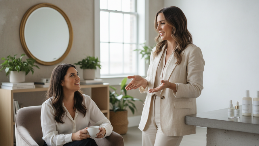 Beauty and confidence in a welcoming spa, highlighting customer engagement and holistic wellness.