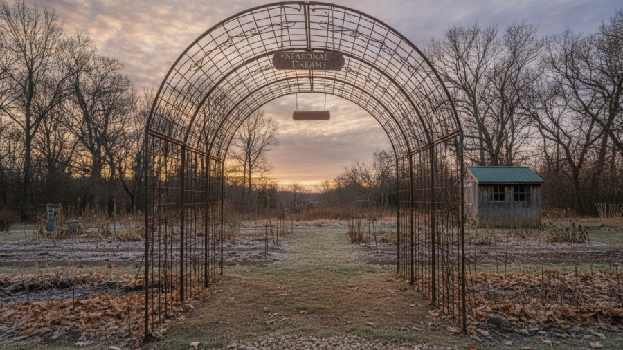 A metal trellis arch awaiting seasonal vines in a Sacramento garden.