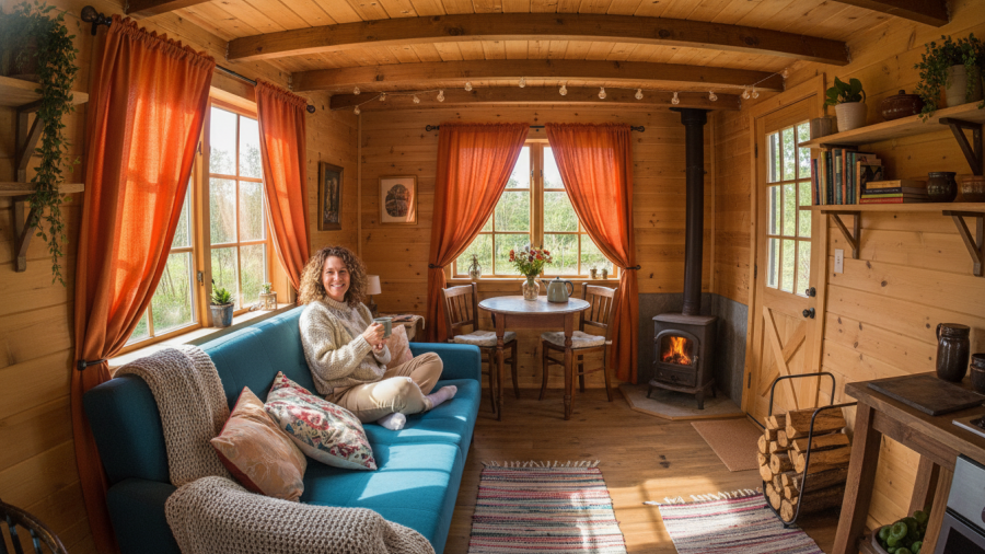 Cozy tiny house interior promoting sustainable living lifestyle with cheerful occupant.