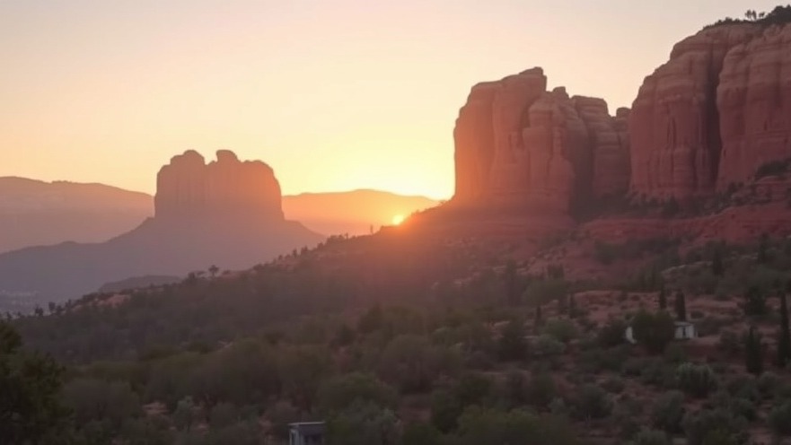 Tranquil Sedona sunrise with soft light, red rocks, and gentle mist, creating a serene sanctuary atmosphere.