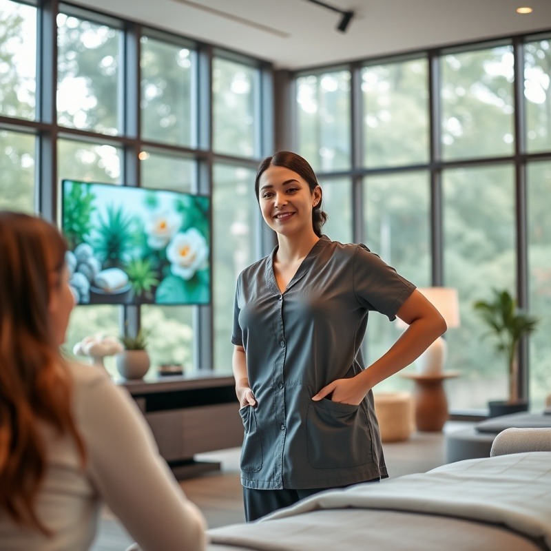 Confident day spa massage therapist standing in a day spa lobby setting, engaged client