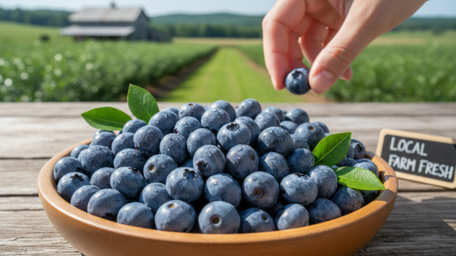Fresh local blueberries for a healthy snacks energy balls recipe.
