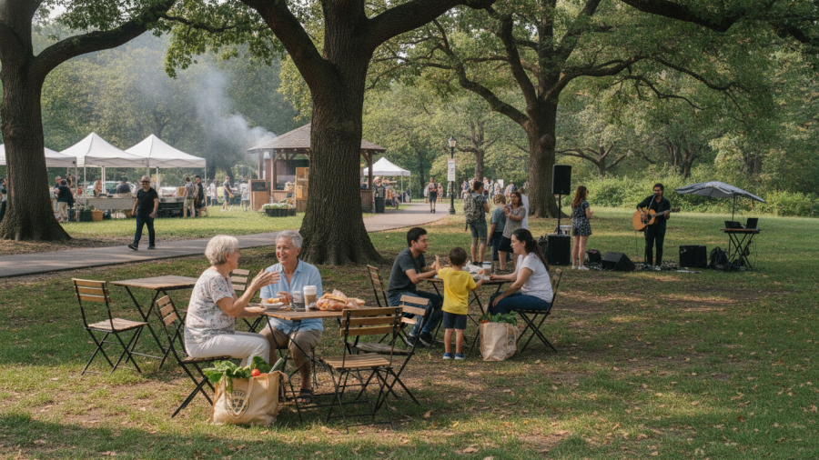 Community gathering at Davis Farmers Market 50th anniversary in Central Park.